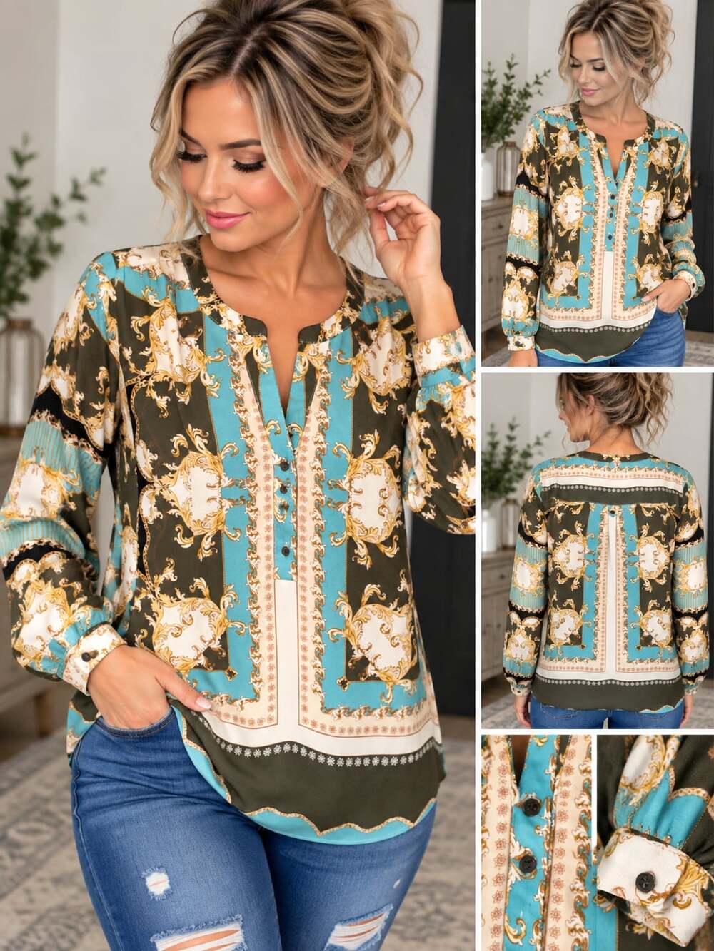 NWT Zac & Rachel Paisley V Neck Ornate Printed Blouse Women’s 2XL